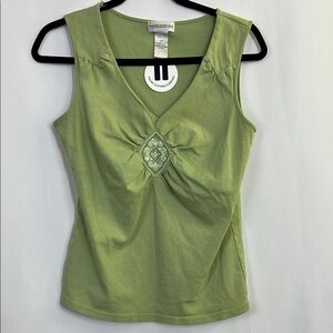 Green Embroidered Women Top tank top with embellishment v neck thick strap
